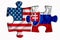 Slovakia flag and United States of America flag on two puzzle pieces on white isolated background. The concept of political