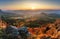 Slovakia forest autumn panorana landscape with mountain at sunrise