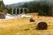 Slovakia train viaduct historical bridge in the forest and mountains. Historic railroad and transportation. Meadow with snow in fo