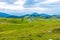 Slovenia velika planina big plateau, agriculture pasture land near city Kamnik in Slovenian Alps. Wooden houses on green land