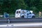 Slovenian Post Van damaged in car accident on Styrian Highway A1 near Blagovica, Fireman walking toward the vehicle. The