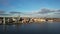 Slow aerial footage of the Liverpool waterfront at sunset