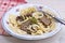 Slow cooked horse meat with noodles, Kazakh dish Beshbarmak
