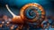 Slow crawling snail in spiral shell, a slimy gastropod beauty generated by AI