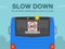 Slow down to 40 km when bus lights flash warning design. Speed limit. Close-up back view of a blue passenger bus.