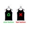 Slow fashion is the right choice to save earth. Two t-shirts on hangers with red cross and green recycle sign. Vector
