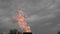 Slow motion of big orange fire of eternal flame with grey heavy sky on background.