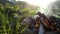 Slow motion campfire burning in tourist camp at sunset. Carpathian mountains