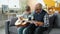 Slow motion of cheerful people grandson and grandfather playing the guitar at home