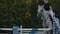 SLOW MOTION, CLOSE UP, LOW ANGLE: Horsegirl riding strong brown horse jumping the fence in sunny outdoors sandy parkour