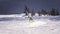 SLOW MOTION CLOSE UP: Snowboarder riding and jumping on ski slope in snowy mountains