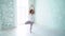 Slow motion close up: tree pose, hands in Namaste. Yoga girl posing - Tree Pose. Flexible girl doing yoga asanas at room