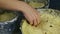 Slow motion closeup female hands take small part of soft yeast dough with raisins