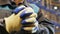 Slow Motion Closeup Person in Blue-white Working Gloves