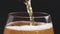 Slow motion closeup pouring lager beer into glass