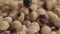 Slow motion closeup roasted hazelnuts falling in white bowl