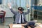 Slow motion of confident high-spirited professional businessman with well-groomed beard with virtual 3d glasses which is