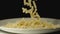 Slow motion: cooked spiral pasta fall into full plate