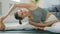 Slow motion of cute woman yoga student doing physical exercises in apartment