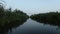 Slow Motion Driving Through Narrow Canal Surrounded By Lush Foliage Bird Flies In Shot