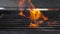 SLOW MOTION: Fire is burning and heats barbecue grill
