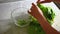 Slow motion footage video of preparing salad, tearing fresh spinach leaves and tossing it into a transparent glass bowl