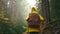 slow motion footage woman in yellow jacket Walks with dog by trail in autumn forest. female hiker with backpack going up