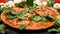 Slow motion of leaves of baby spinach falling on fresh baked pizza