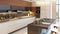 Slow motion modern kitchen interior, white furniture light architecture design. AI generated.