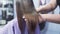 Slow-motion shooting close-up of a long dark hair of a young girl. Brilliant and silky hair after keratin straightening