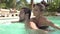 Slow Motion Shot Of Young Couple Relaxing In Swimming Pool