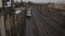 Slow motion: silver train passing with power lines in Kassel, Germany Daylight