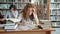 Slow motion of sleepy lady working in library then sleeping head on desk