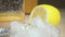 Slow motion smooth movement of focus from ice to lemon