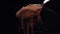 Slow motion spoon cocoa powder falling against balck background