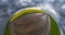 Slow transformation of landscape into tiny planet on wet asphalt road among fields with dark sky and beautiful storm clouds. curva