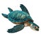 Slow turtle crawls through blue underwater world
