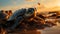 Slow turtle crawls on sandy beach at dusk generated by AI