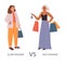 Slow vs fast fashion concept of overconsumption flat vector illustration.