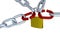Slow Zoom In on Four Chains with Two Red Links Locked with a Padlock