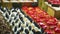 Slowly panorama at assortment of different sweet cake pieces and fruit eclairs