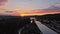 Slowly rising footage of aerial shot with drone of sunset in Regensburg looking west with Danube , Germany