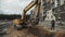 Slowmotion yellow excavator digging sand in trench at building site