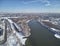 Sluice number 10 on the Moscow river in kolomenskoe district, aerial view, winter drone