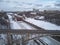 Sluice number 9 on the chanel Moscow-Volga, aerial view, moscow, winter aerial drone view