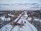 Sluice number 9 on the chanel Moscow-Volga, aerial view, moscow, winter aerial drone view
