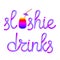 Slushie calligraphic lettering with colorful glass cup, plastic drinking straw and umbrella