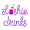 Slushie calligraphic lettering with colorful glass cup, retro paper straw and umbrella
