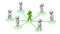 Small 3D people - green leader in the middle connected with the group - team management and community concept