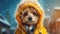 a small, adorable dog dressed in a trendy winter coat and a matching hat. The dog's outfit in vibrant colors that